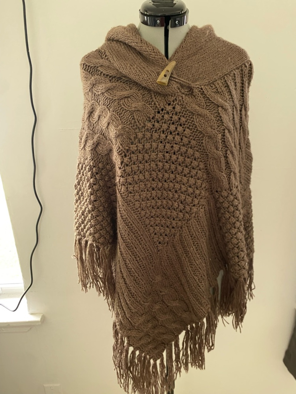 Brown Cable-Knit Hooded Poncho Sweater